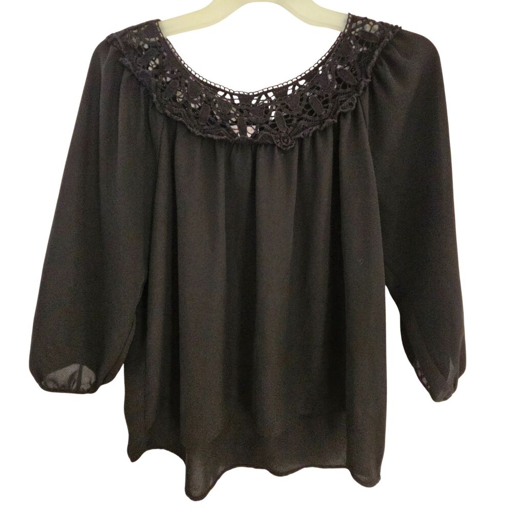 Xhilaration Top Womens Small Black Crochet Lace Yoke 3/4 Sleeve Blouse Boho